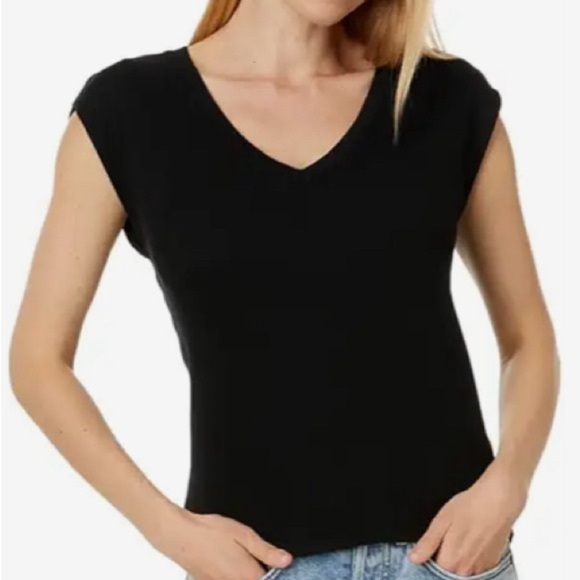 MICHAEL STARS Black ultra rib Tati v-neck power shoulder top - Picture 2 of 4